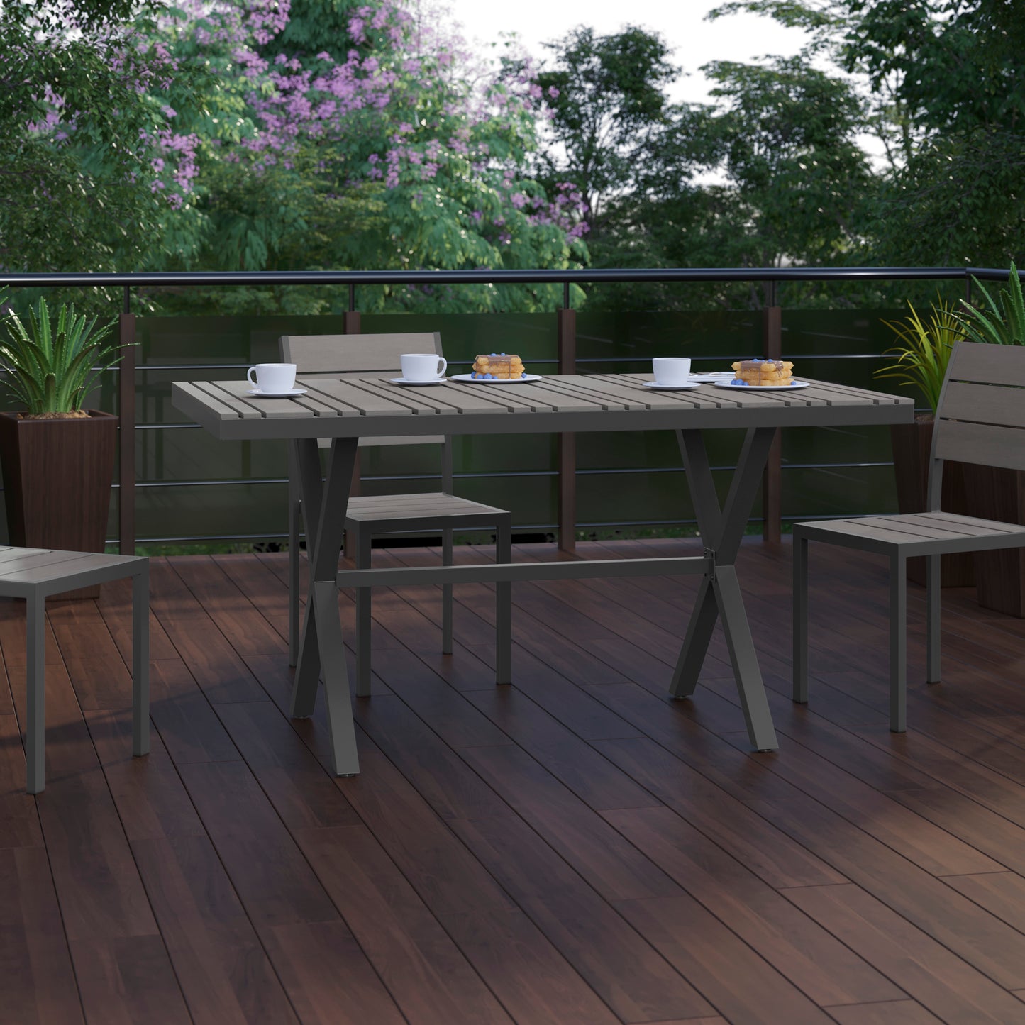 Finch Commercial Grade X-Frame Outdoor Dining Table 59" x 35.5" with Faux Teak Poly Slats and Metal Frame, Gray/Gray Gray Top/Gray Frame