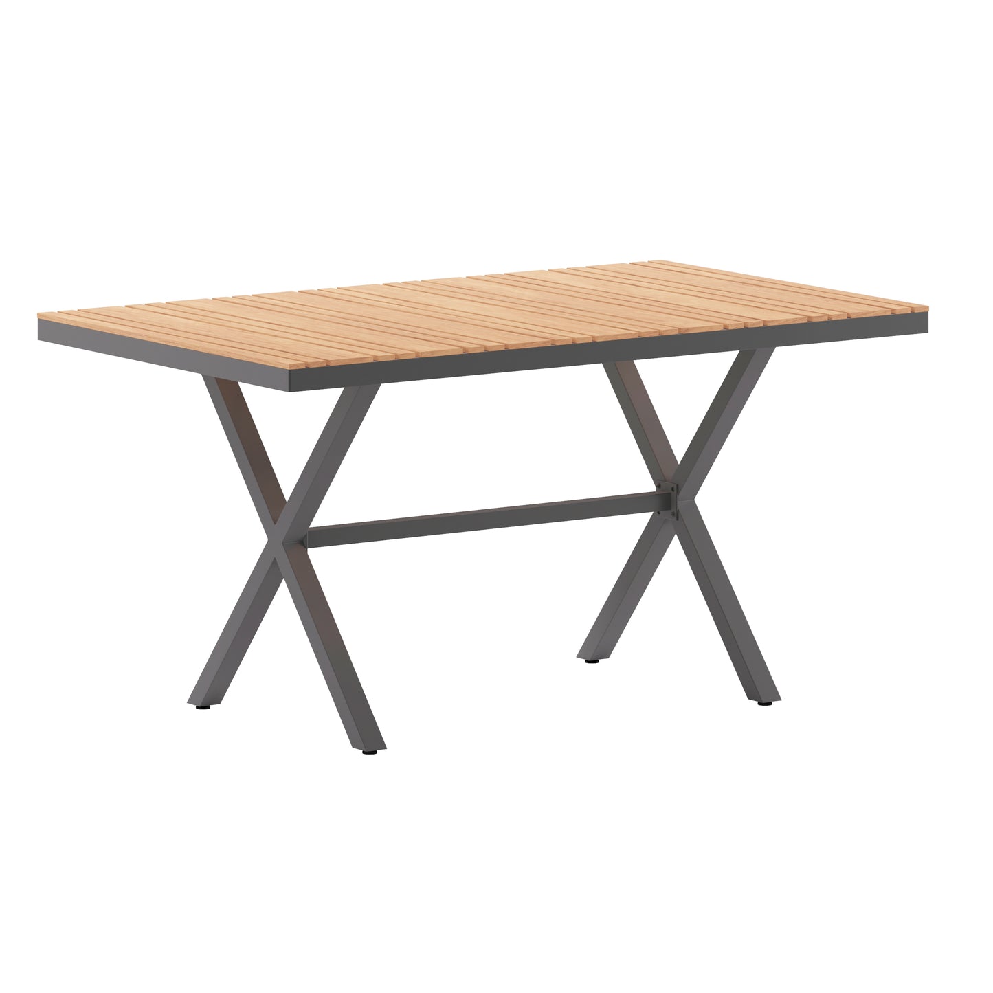 Finch Commercial Grade X-Frame Outdoor Dining Table 59" x 35.5" with Faux Teak Poly Slats and Metal Frame, Natural/Gray Natural Top/Gray Frame