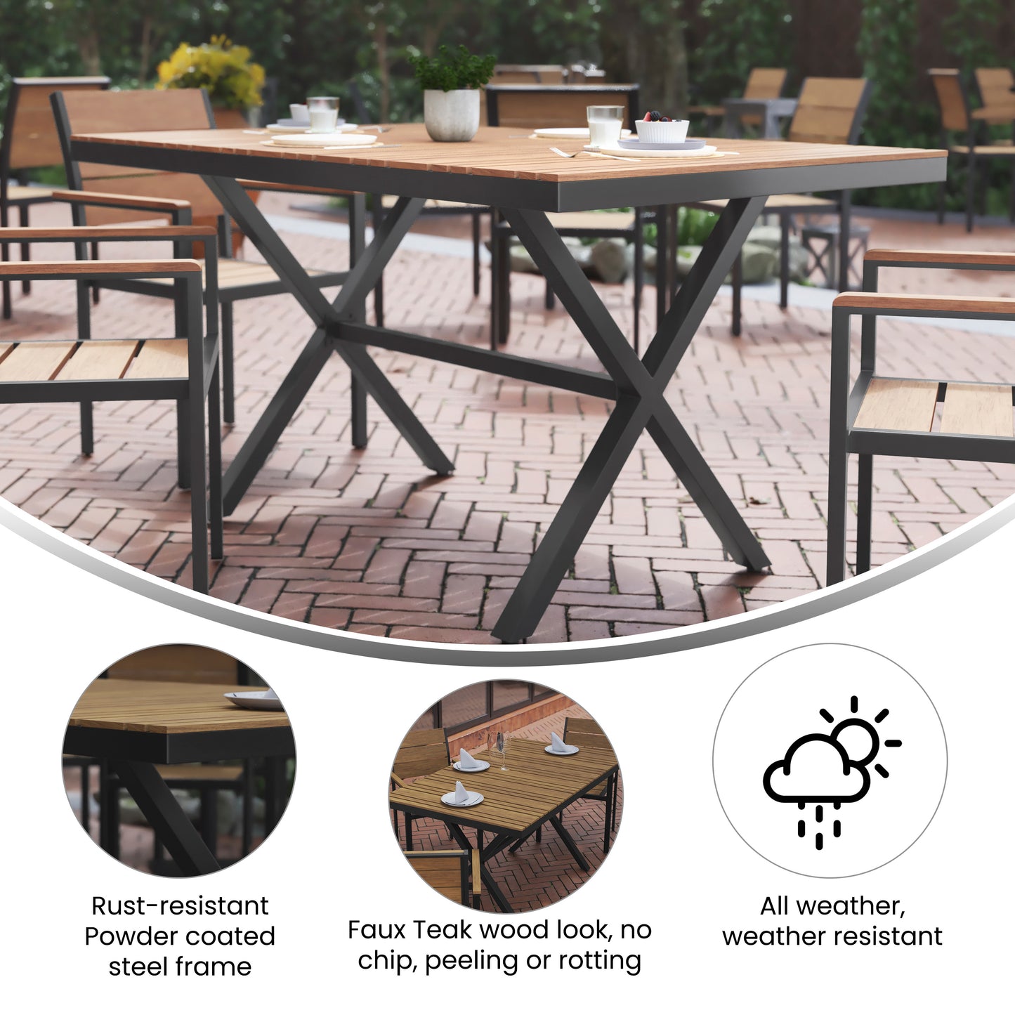 Finch Commercial Grade X-Frame Outdoor Dining Table 59" x 35.5" with Faux Teak Poly Slats and Metal Frame, Natural/Gray Natural Top/Gray Frame