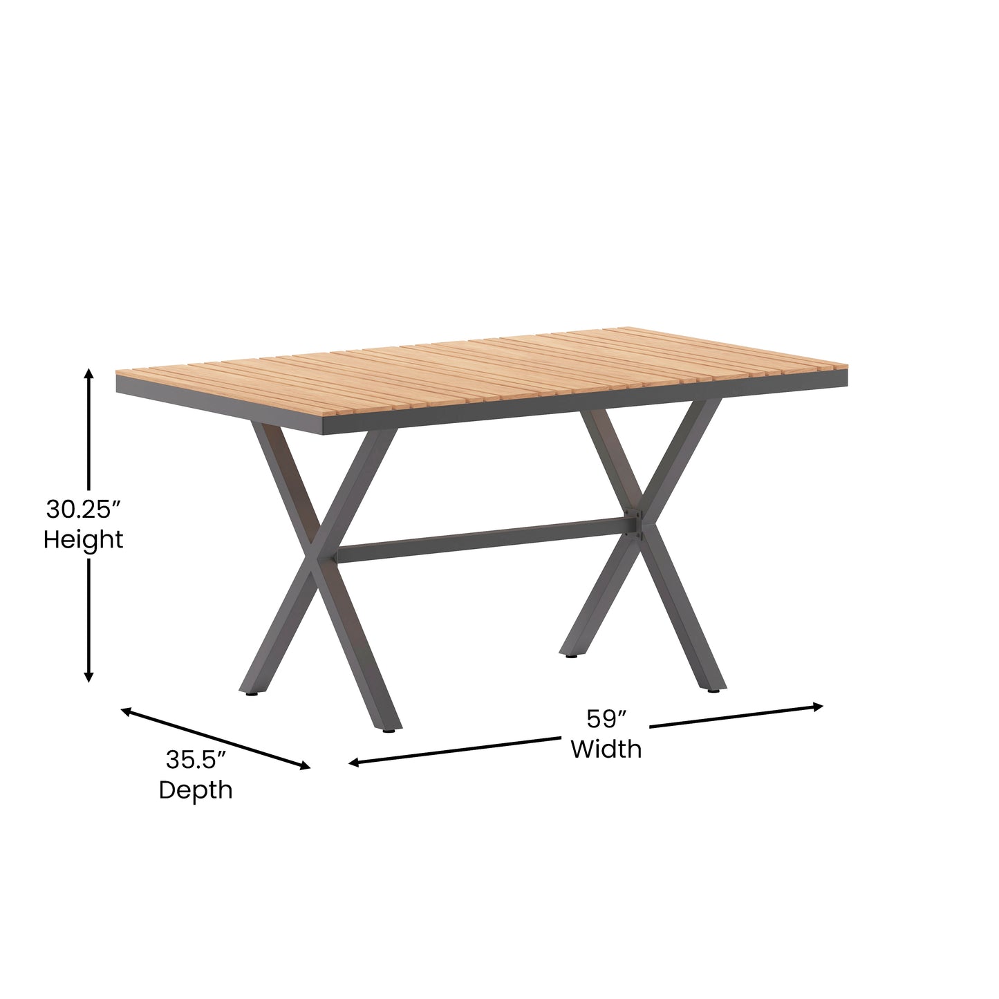 Finch Commercial Grade X-Frame Outdoor Dining Table 59" x 35.5" with Faux Teak Poly Slats and Metal Frame, Natural/Gray Natural Top/Gray Frame