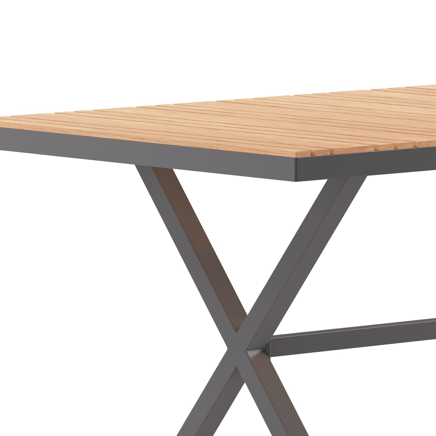 Finch Commercial Grade X-Frame Outdoor Dining Table 59" x 35.5" with Faux Teak Poly Slats and Metal Frame, Natural/Gray Natural Top/Gray Frame