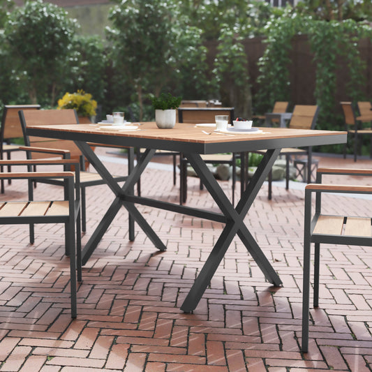 Finch Commercial Grade X-Frame Outdoor Dining Table 59" x 35.5" with Faux Teak Poly Slats and Metal Frame, Natural/Gray Natural Top/Gray Frame SB-TB288-NAT-GG
