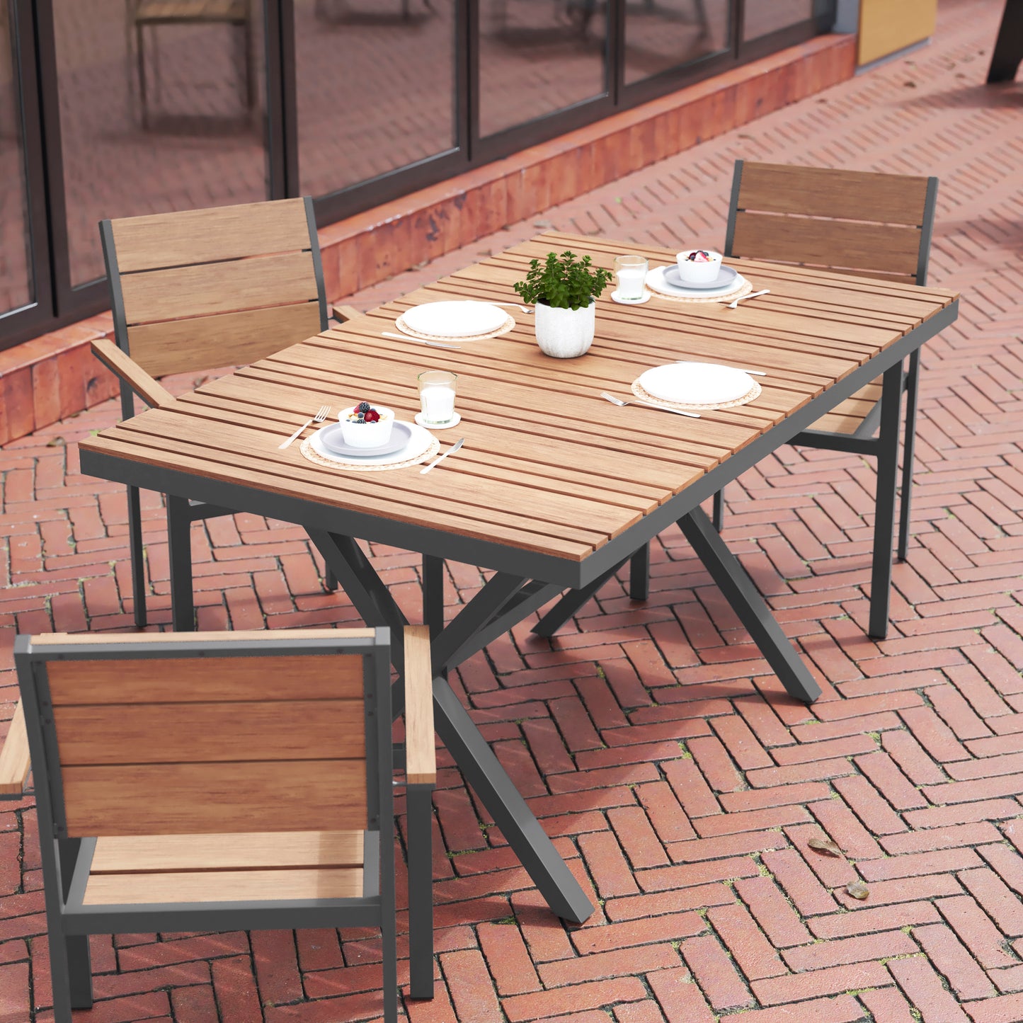 Finch Commercial Grade X-Frame Outdoor Dining Table 59" x 35.5" with Faux Teak Poly Slats and Metal Frame, Natural/Gray Natural Top/Gray Frame