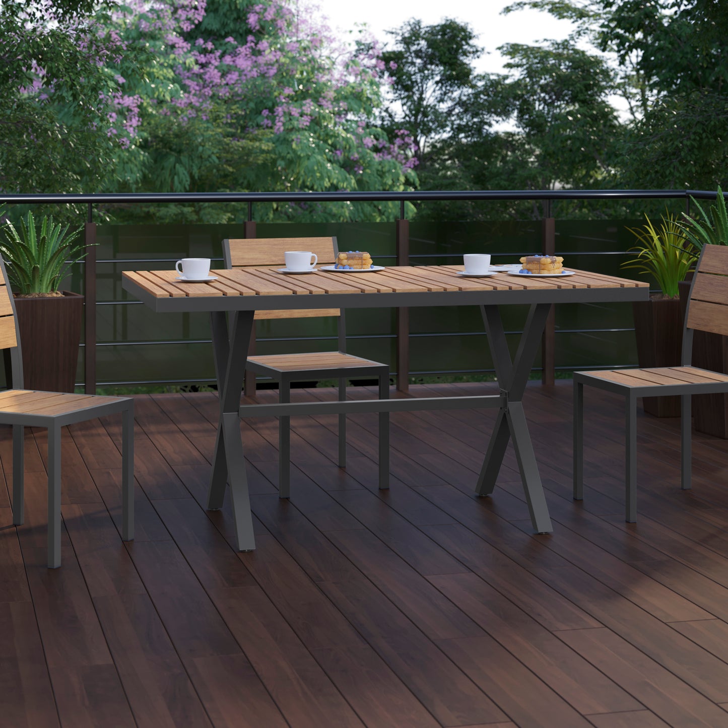Finch Commercial Grade X-Frame Outdoor Dining Table 59" x 35.5" with Faux Teak Poly Slats and Metal Frame, Natural/Gray Natural Top/Gray Frame
