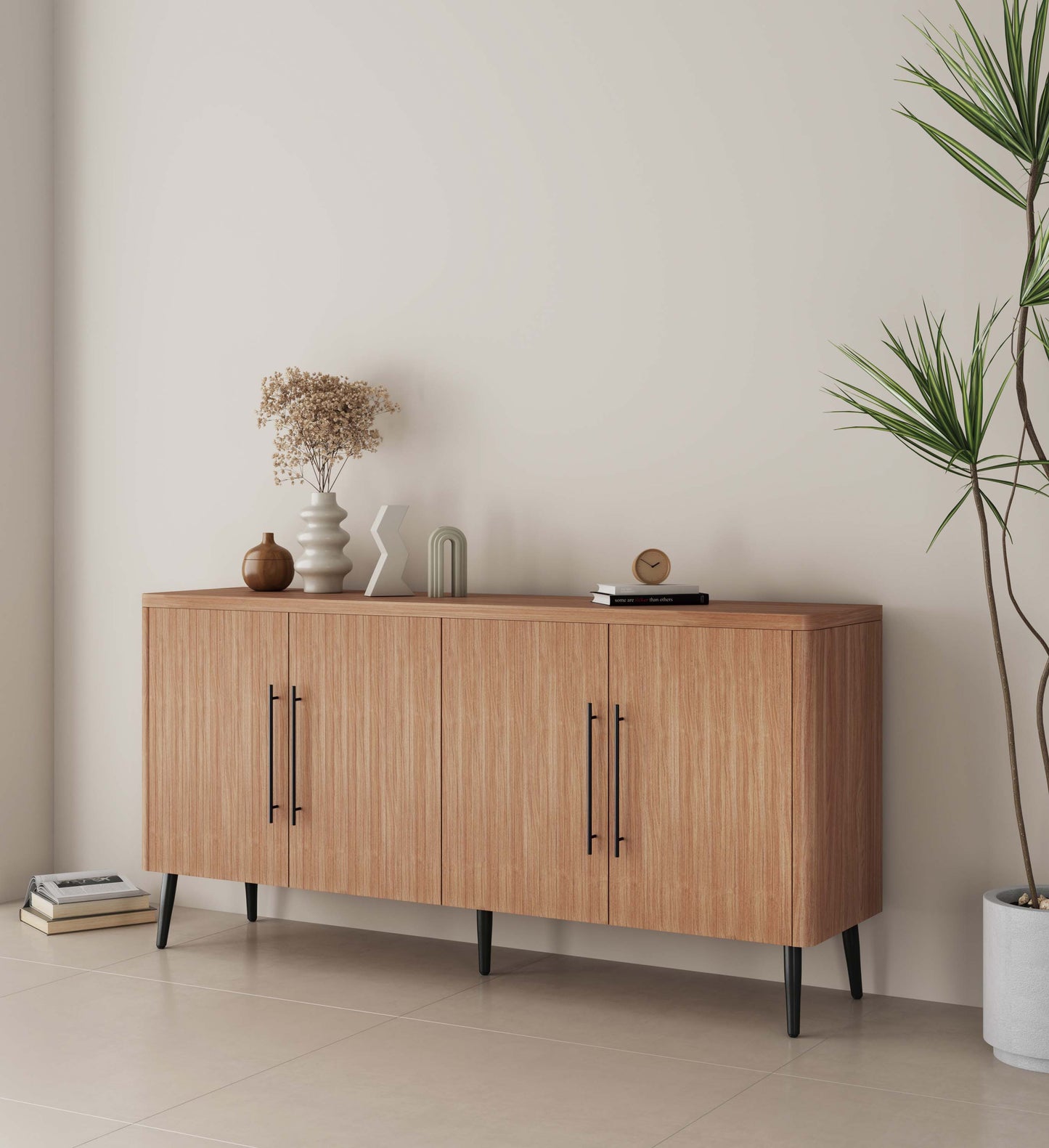 Jodie Mid-Century Modern Fluted Sideboard with Ample Storage and Shelving SB001