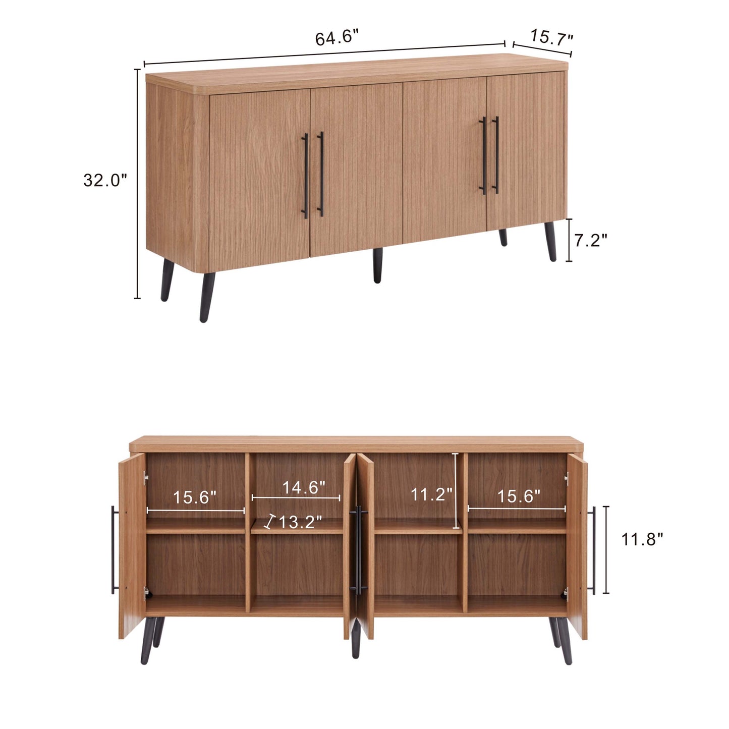 Jodie Mid-Century Modern Fluted Sideboard with Ample Storage and Shelving SB001