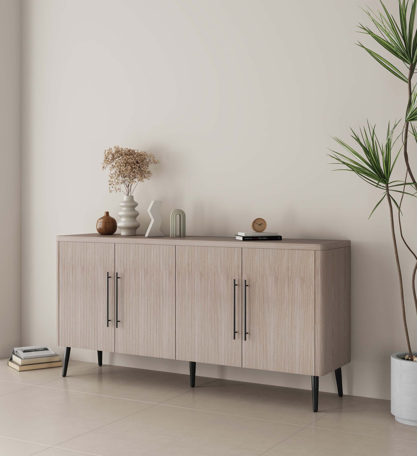 Jodie Mid-Century Modern Fluted Sideboard with Ample Storage and Shelving SB001