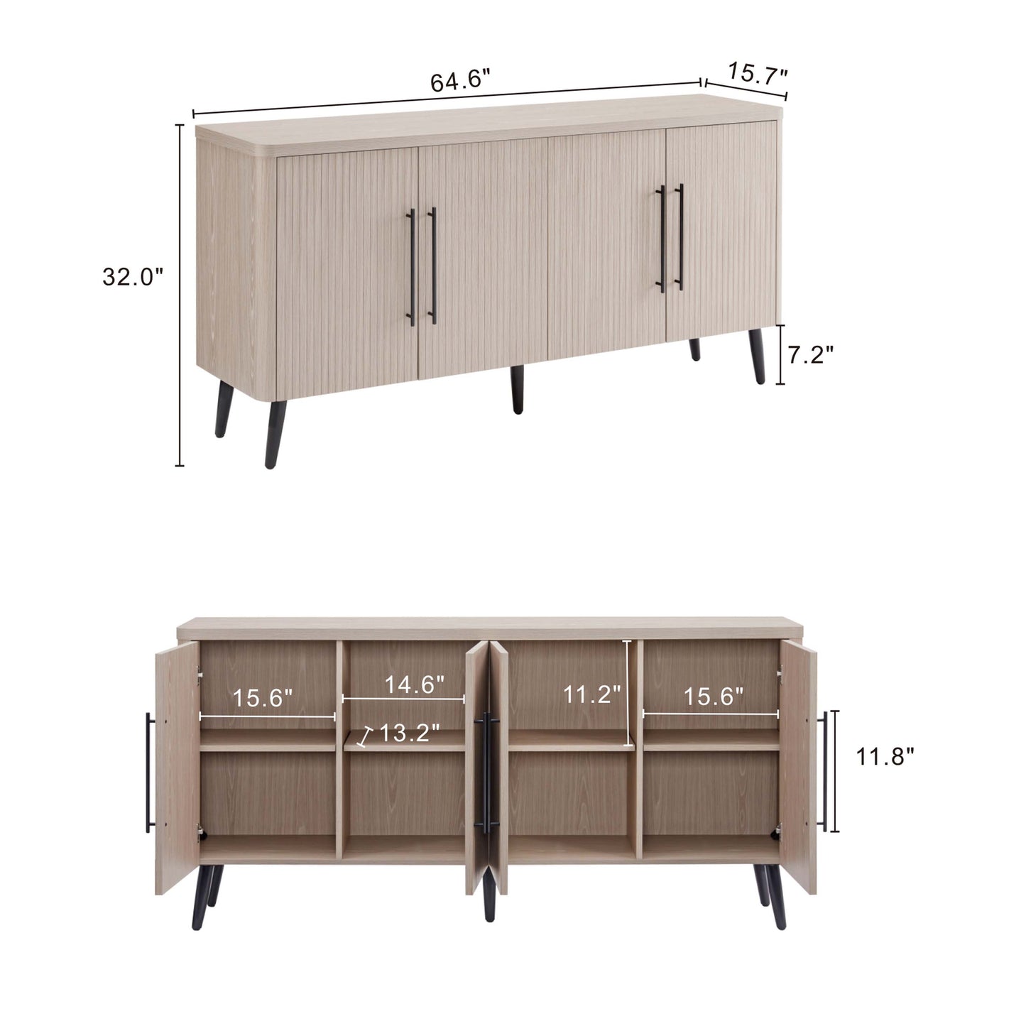 Jodie Mid-Century Modern Fluted Sideboard with Ample Storage and Shelving SB001