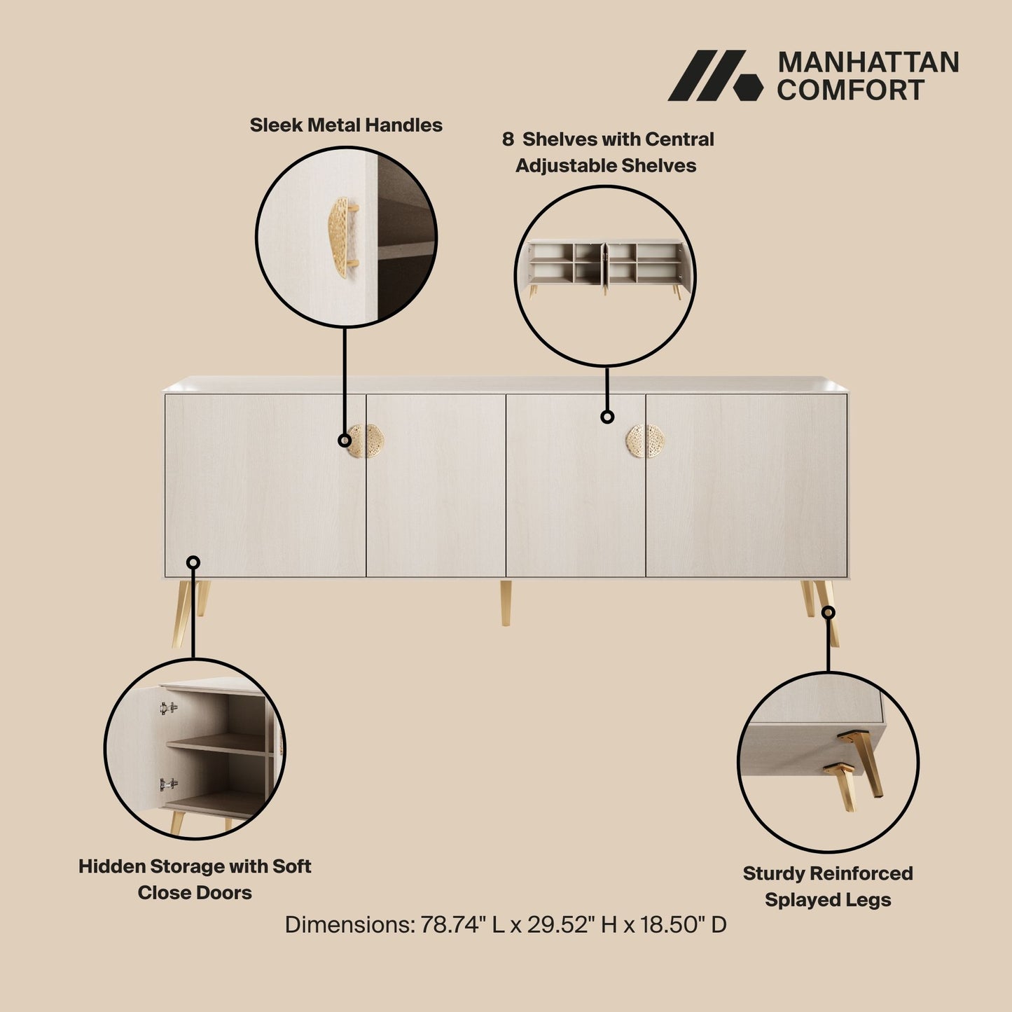 Manhattan Comfort Haley 78.7" Mid-Century Modern Sideboard in White SB002-WH