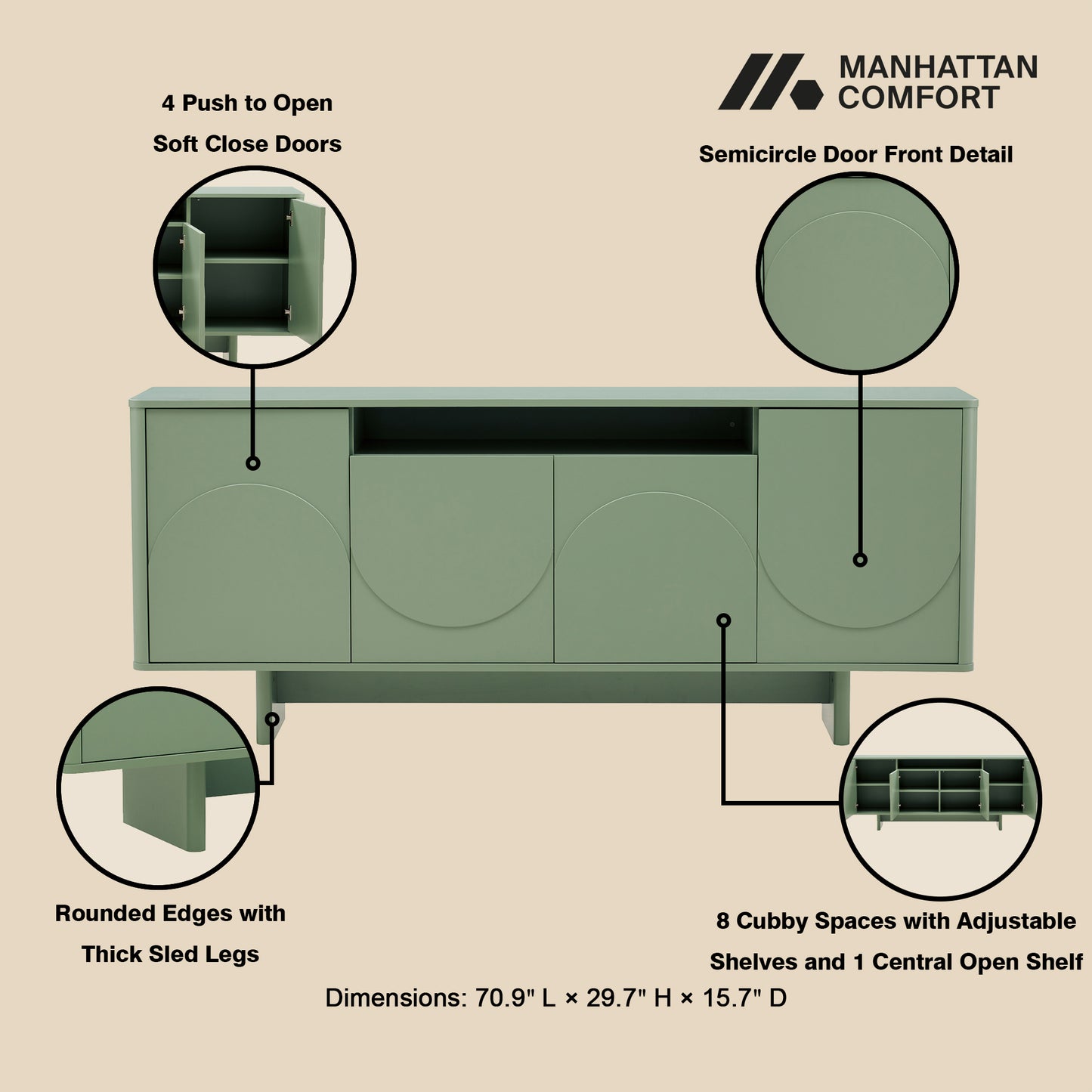 Ella Modern 71" Sideboard Contemporary Storage Buffet for Living Room Dining