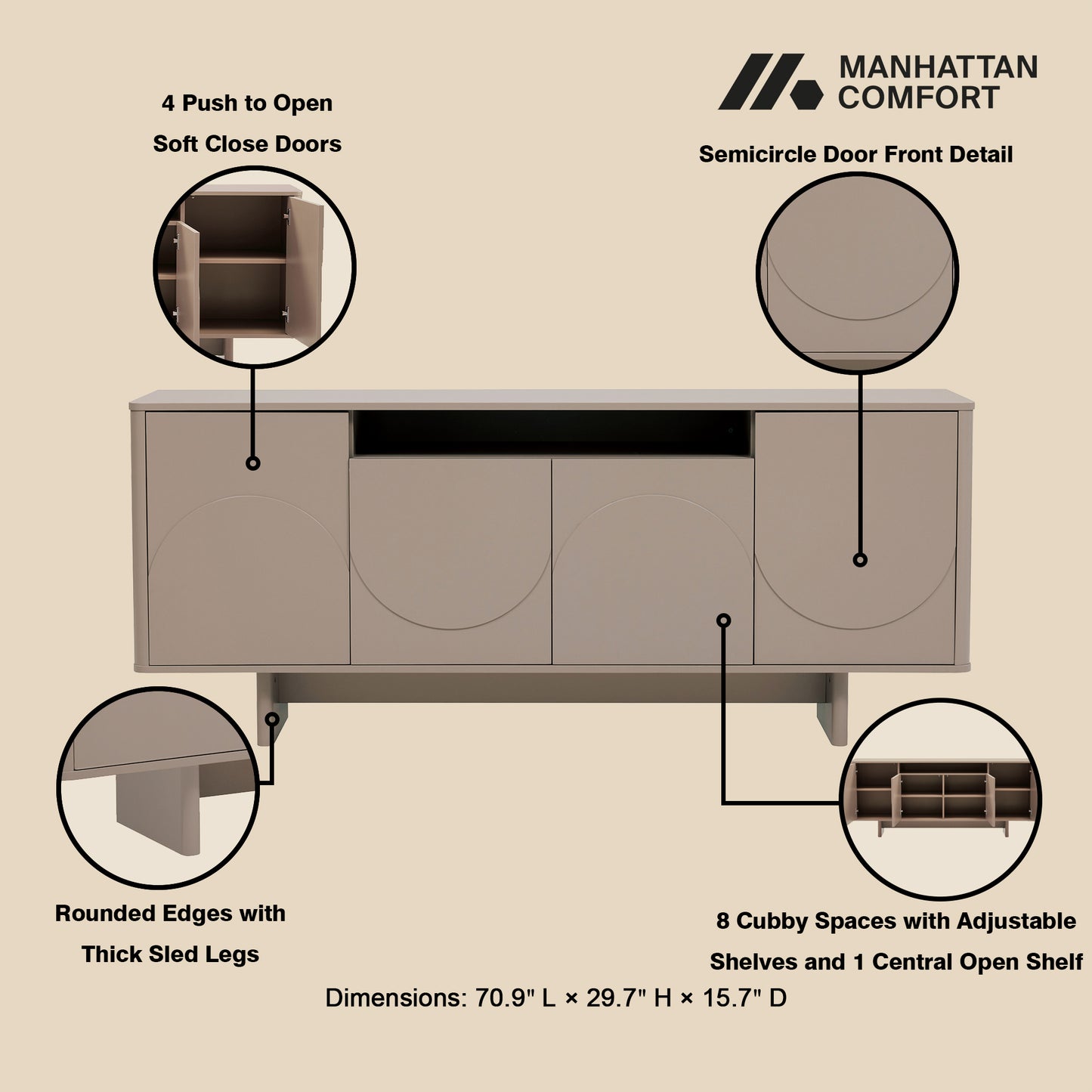 Ella Modern 71" Sideboard Contemporary Storage Buffet for Living Room Dining
