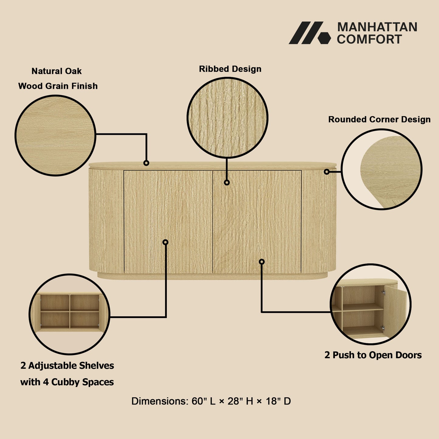 Olivia Modern 60" Sideboard in Natural Oak SB007-NO