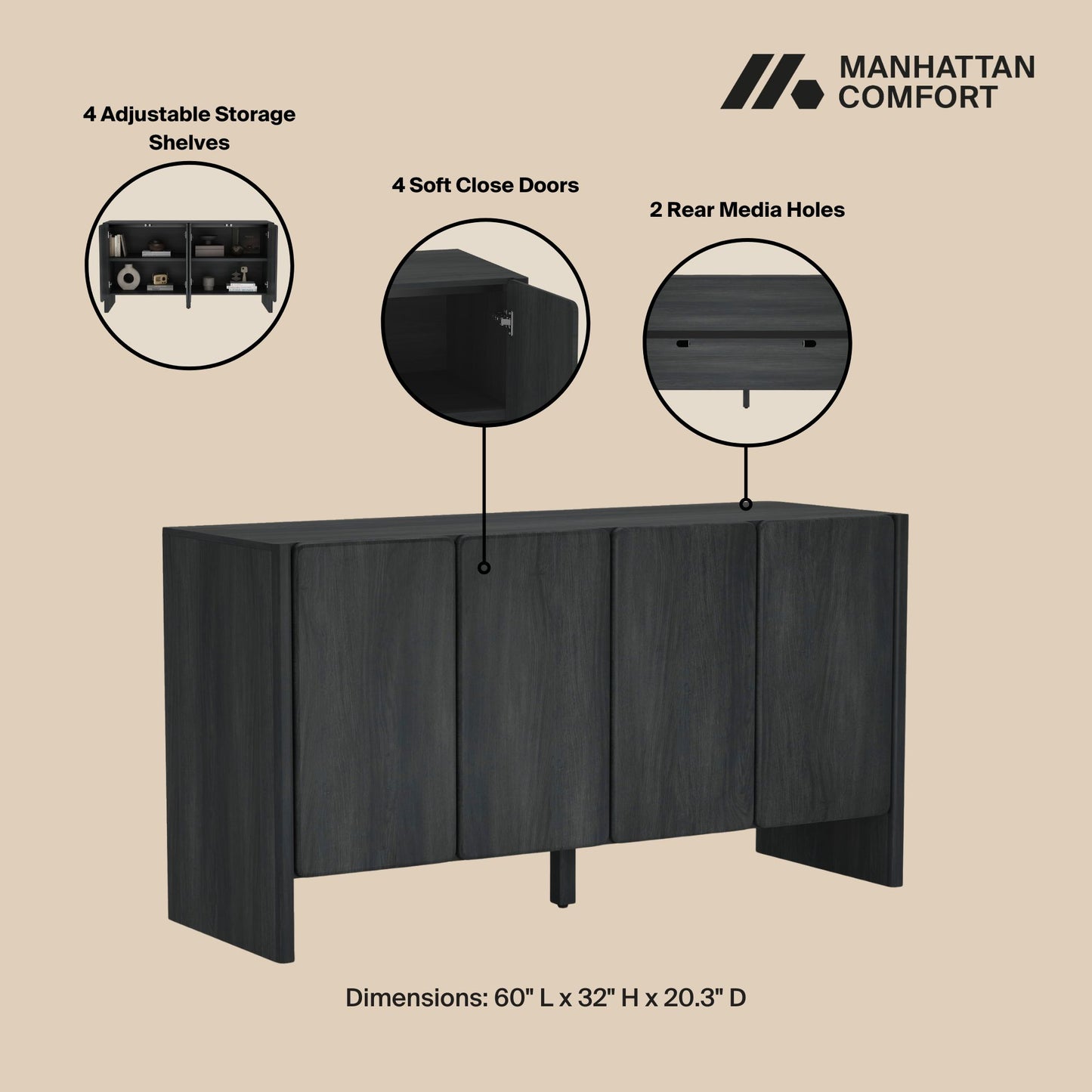 Linda Modern 60" Sideboard in Charcoal Gray SB008-GY