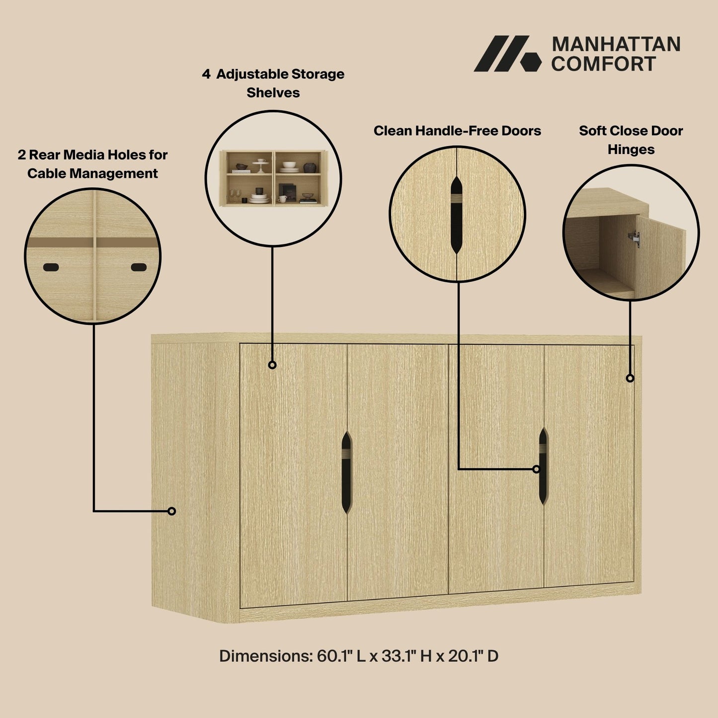 Rivington Modern 60" Sideboard in Natural Oak SB009-NA