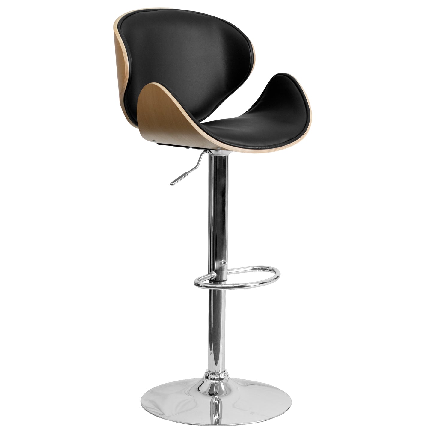 Farley Beech Bentwood Adjustable Height Barstool with Curved Back and Black Vinyl Seat Beech