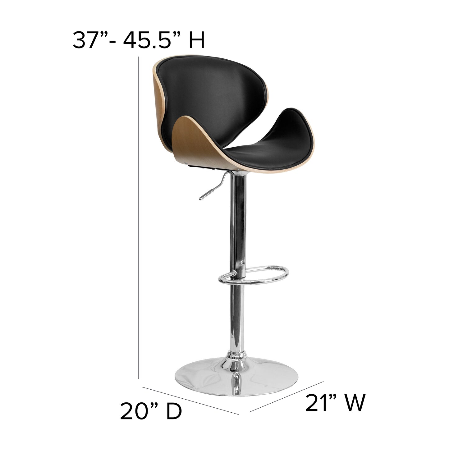 Farley Beech Bentwood Adjustable Height Barstool with Curved Back and Black Vinyl Seat Beech