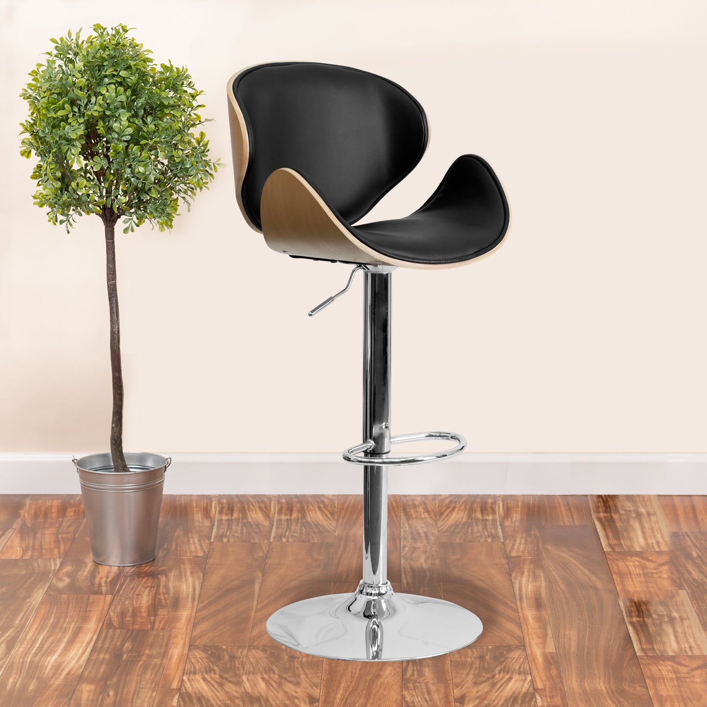 Farley Beech Bentwood Adjustable Height Barstool with Curved Back and Black Vinyl Seat Beech