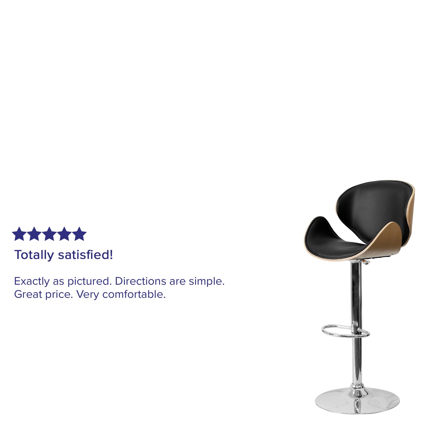 Farley Beech Bentwood Adjustable Height Barstool with Curved Back and Black Vinyl Seat Beech