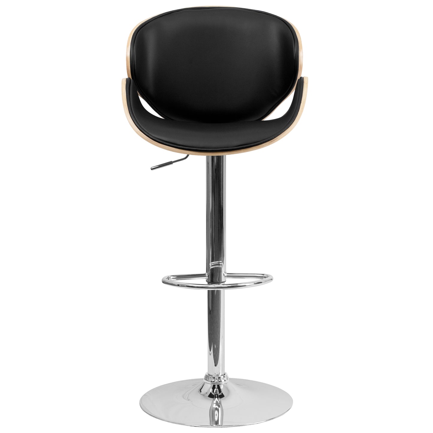 Farley Beech Bentwood Adjustable Height Barstool with Curved Back and Black Vinyl Seat Beech