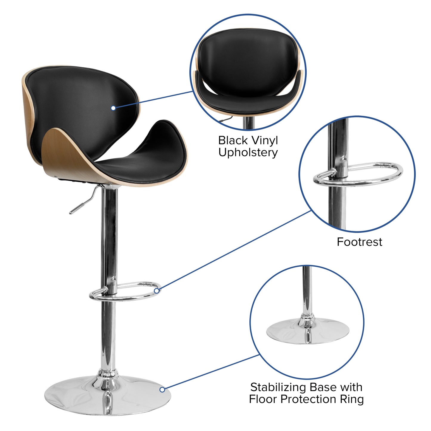Farley Beech Bentwood Adjustable Height Barstool with Curved Back and Black Vinyl Seat Beech