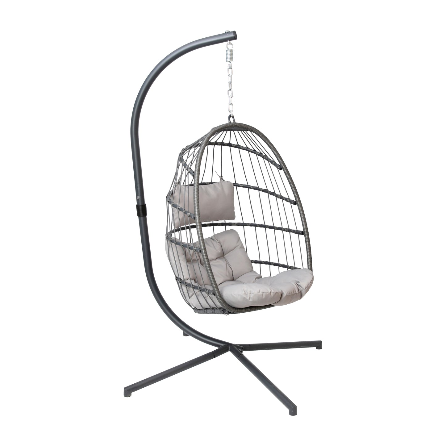 Cleo Patio Hanging Egg Chair, Wicker Hammock with Soft Seat Cushions & Swing Stand, Indoor/Outdoor Gray Frame-Gray Cushions Gray