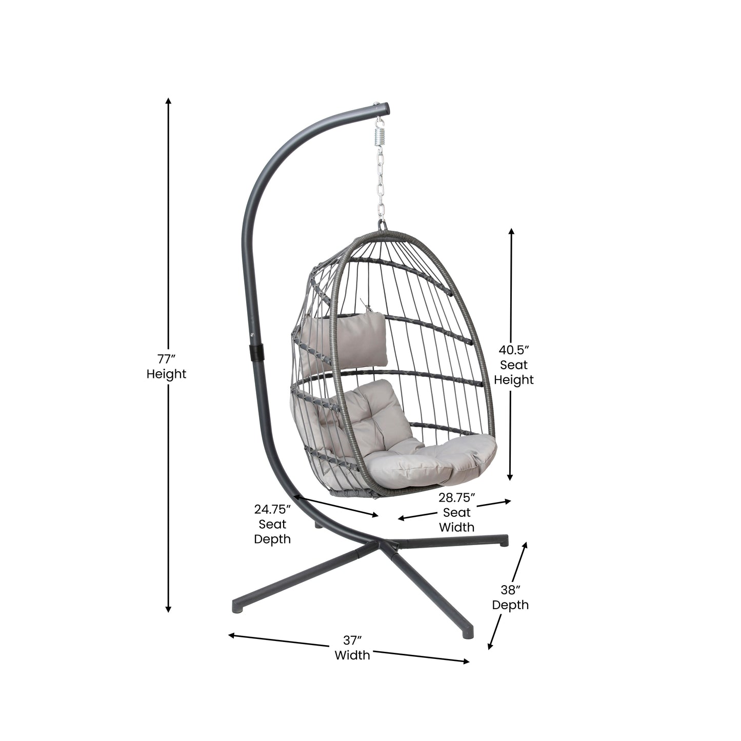 Cleo Patio Hanging Egg Chair, Wicker Hammock with Soft Seat Cushions & Swing Stand, Indoor/Outdoor Gray Frame-Gray Cushions Gray