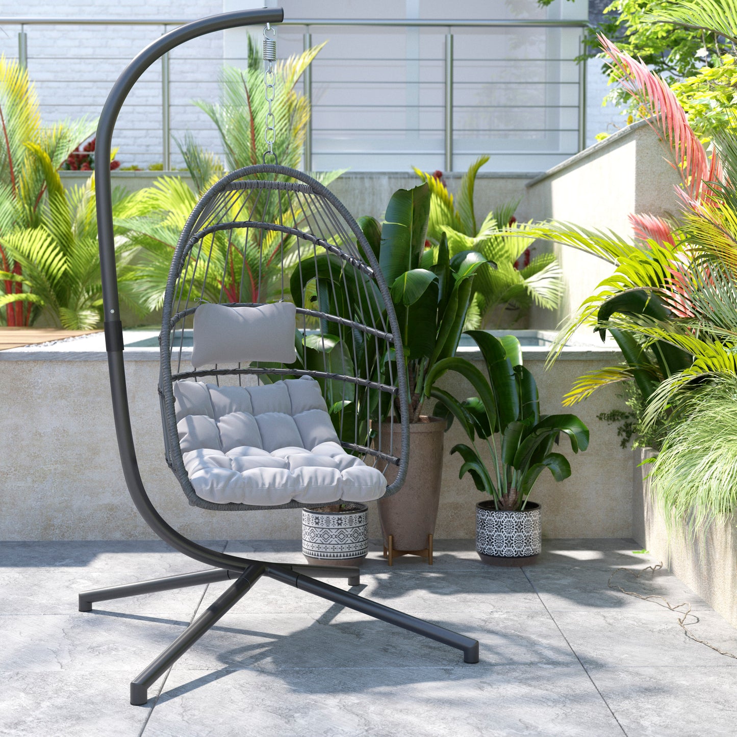 Cleo Patio Hanging Egg Chair, Wicker Hammock with Soft Seat Cushions & Swing Stand, Indoor/Outdoor Gray Frame-Gray Cushions Gray