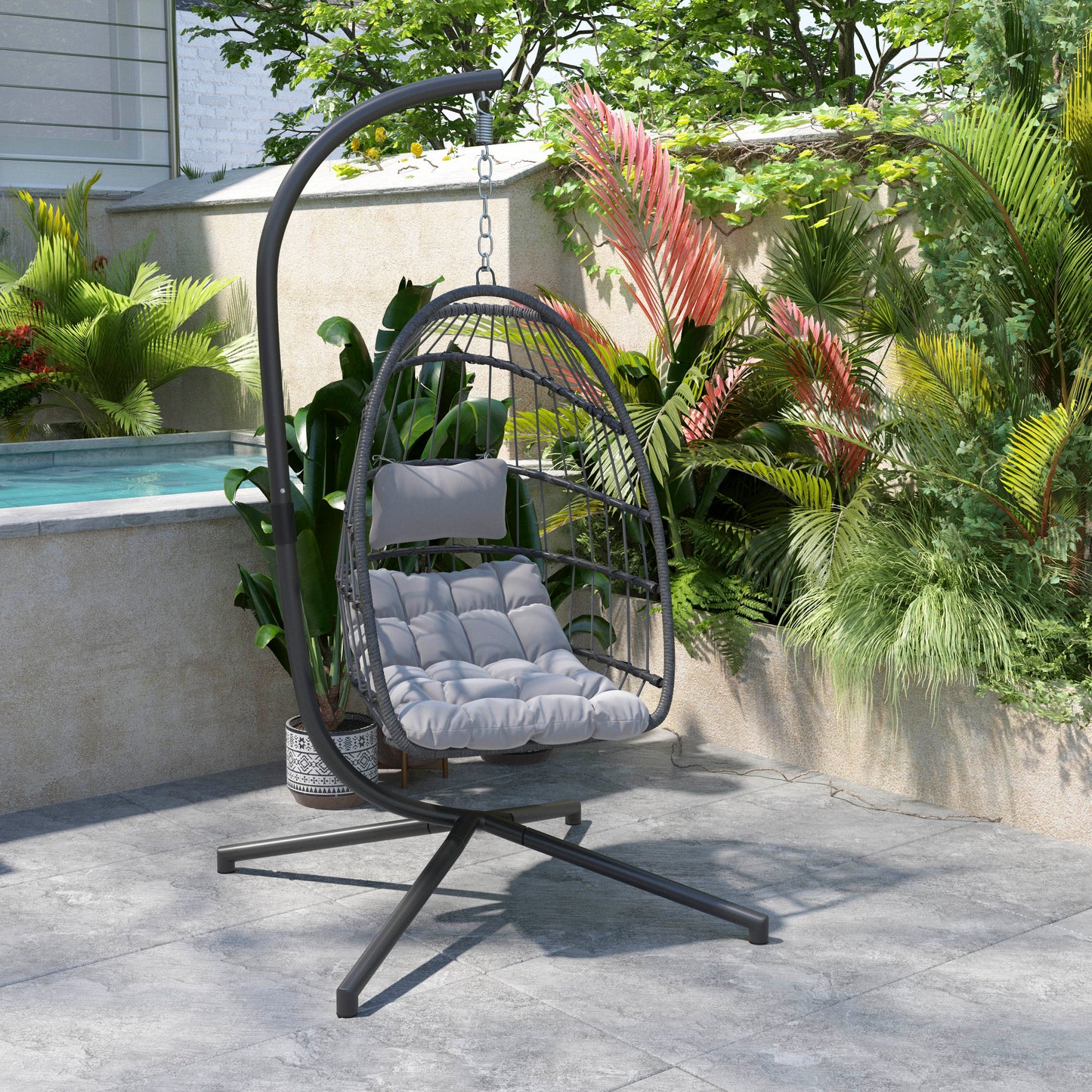 Cleo Patio Hanging Egg Chair, Wicker Hammock with Soft Seat Cushions & Swing Stand, Indoor/Outdoor Gray Frame-Gray Cushions Gray
