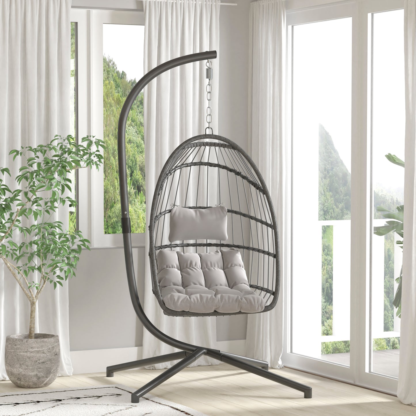 Cleo Patio Hanging Egg Chair, Wicker Hammock with Soft Seat Cushions & Swing Stand, Indoor/Outdoor Gray Frame-Gray Cushions Gray