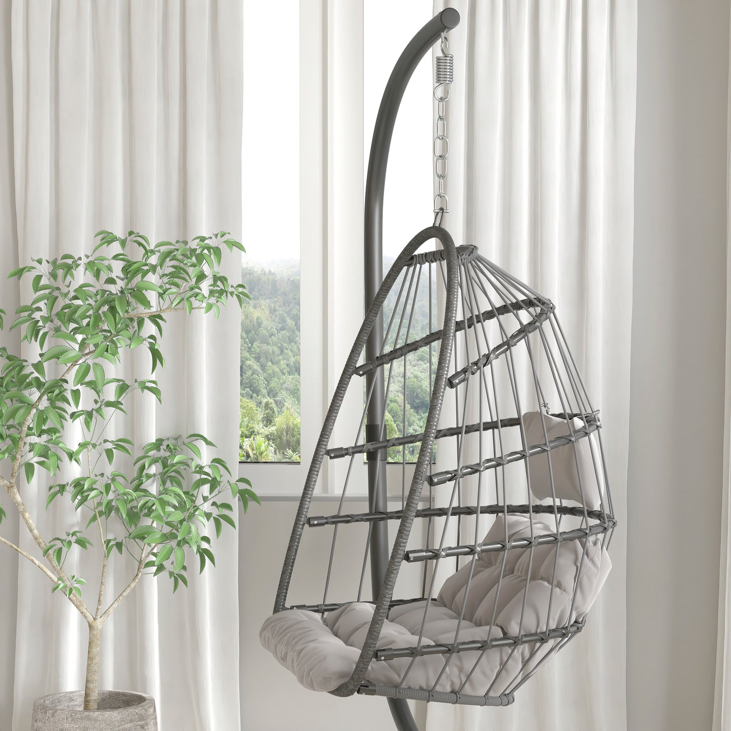 Cleo Patio Hanging Egg Chair, Wicker Hammock with Soft Seat Cushions & Swing Stand, Indoor/Outdoor Gray Frame-Gray Cushions Gray