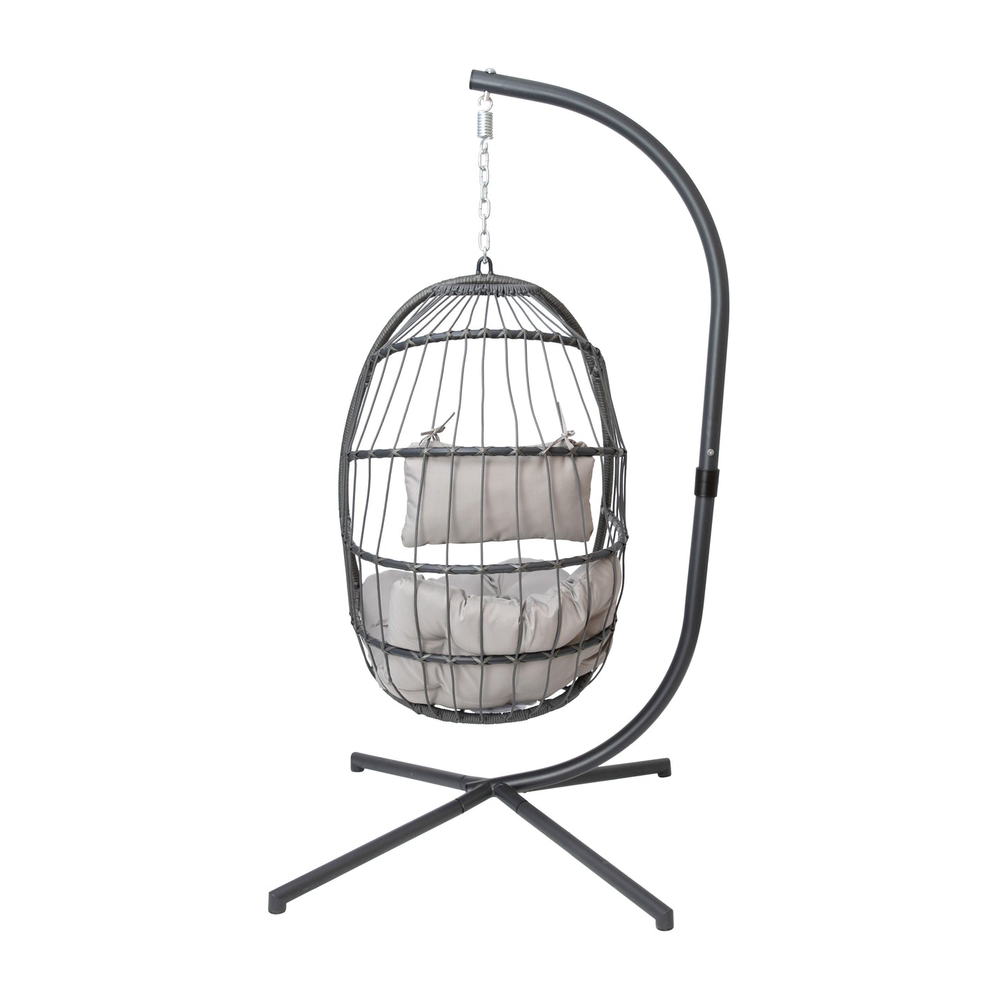 Cleo Patio Hanging Egg Chair, Wicker Hammock with Soft Seat Cushions & Swing Stand, Indoor/Outdoor Gray Frame-Gray Cushions Gray