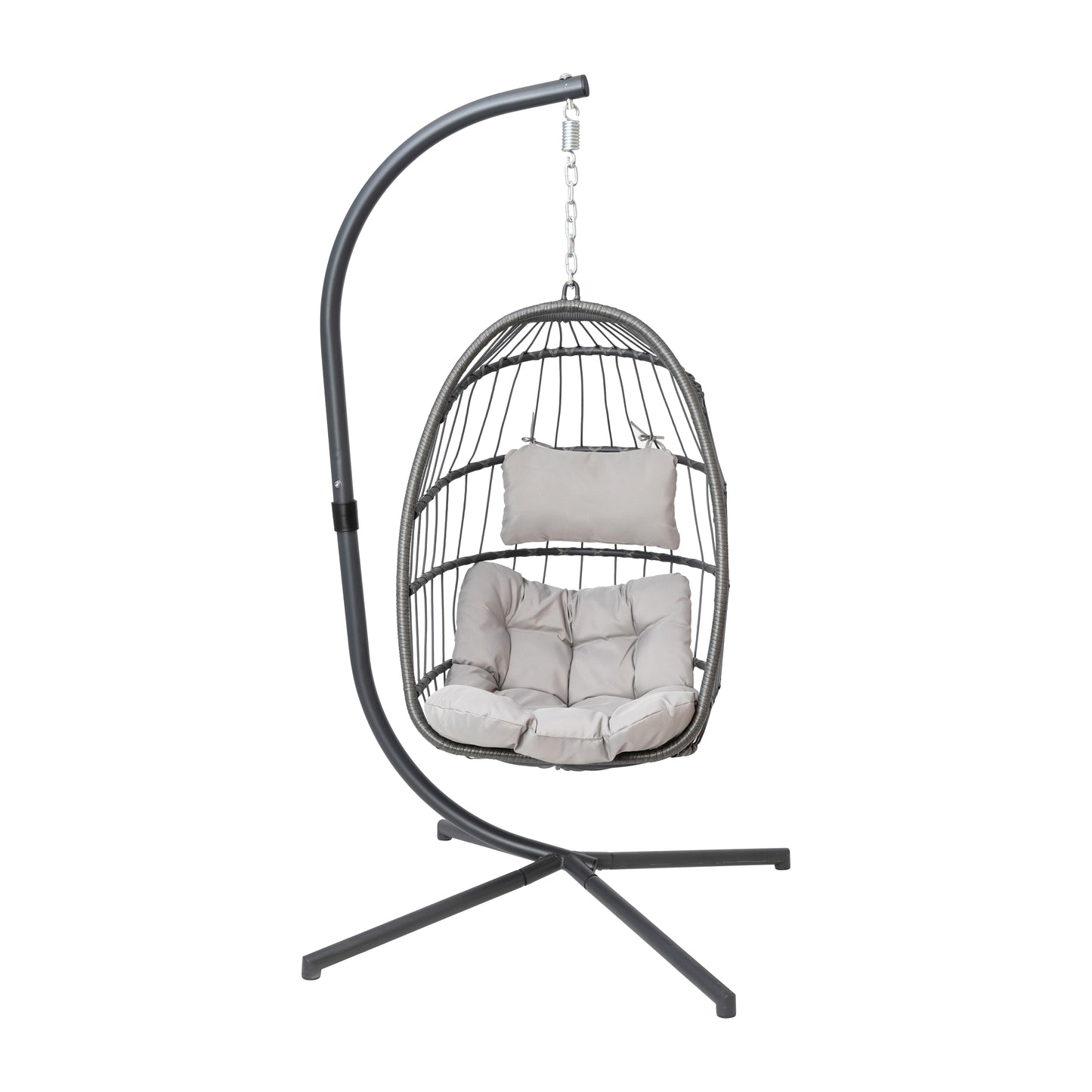 Cleo Patio Hanging Egg Chair, Wicker Hammock with Soft Seat Cushions & Swing Stand, Indoor/Outdoor Gray Frame-Gray Cushions Gray