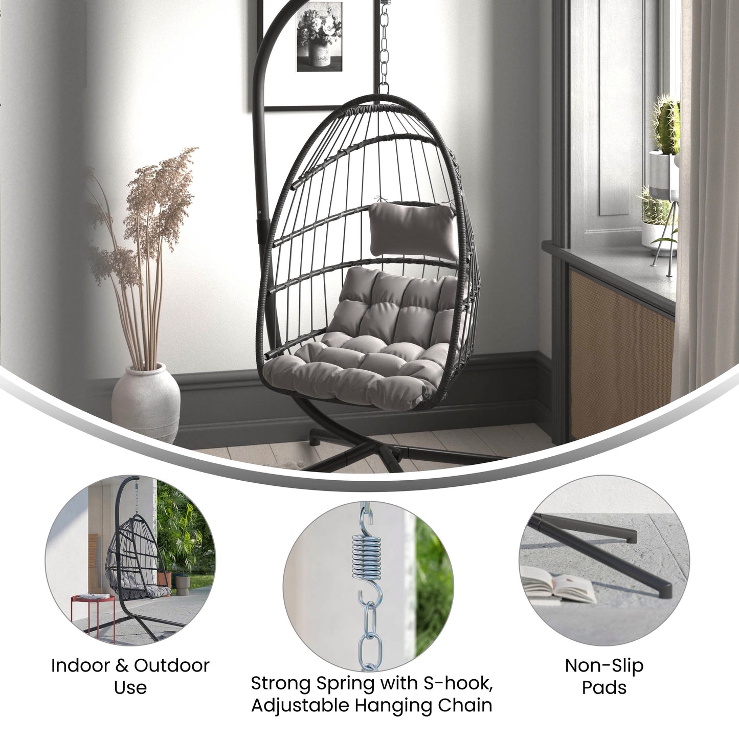 Cleo Patio Hanging Egg Chair, Wicker Hammock with Soft Seat Cushions & Swing Stand, Indoor/Outdoor Gray Frame-Gray Cushions Gray