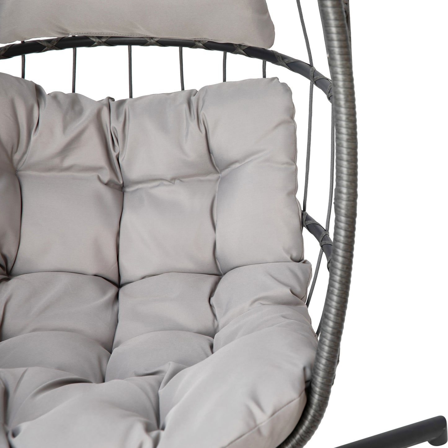 Cleo Patio Hanging Egg Chair, Wicker Hammock with Soft Seat Cushions & Swing Stand, Indoor/Outdoor Gray Frame-Gray Cushions Gray