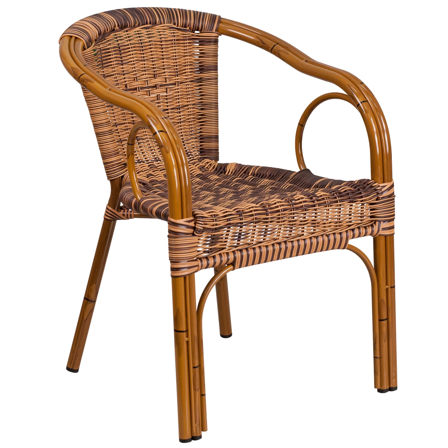 Cadiz Series Burning Brown Rattan Restaurant Patio Chair with Dark Red Bamboo-Aluminum Frame Burning Brown Rattan/Dark Red Bamboo-Aluminum Frame