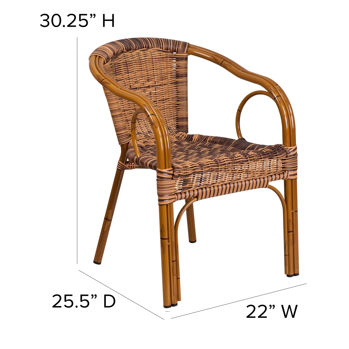 Cadiz Series Burning Brown Rattan Restaurant Patio Chair with Dark Red Bamboo-Aluminum Frame Burning Brown Rattan/Dark Red Bamboo-Aluminum Frame