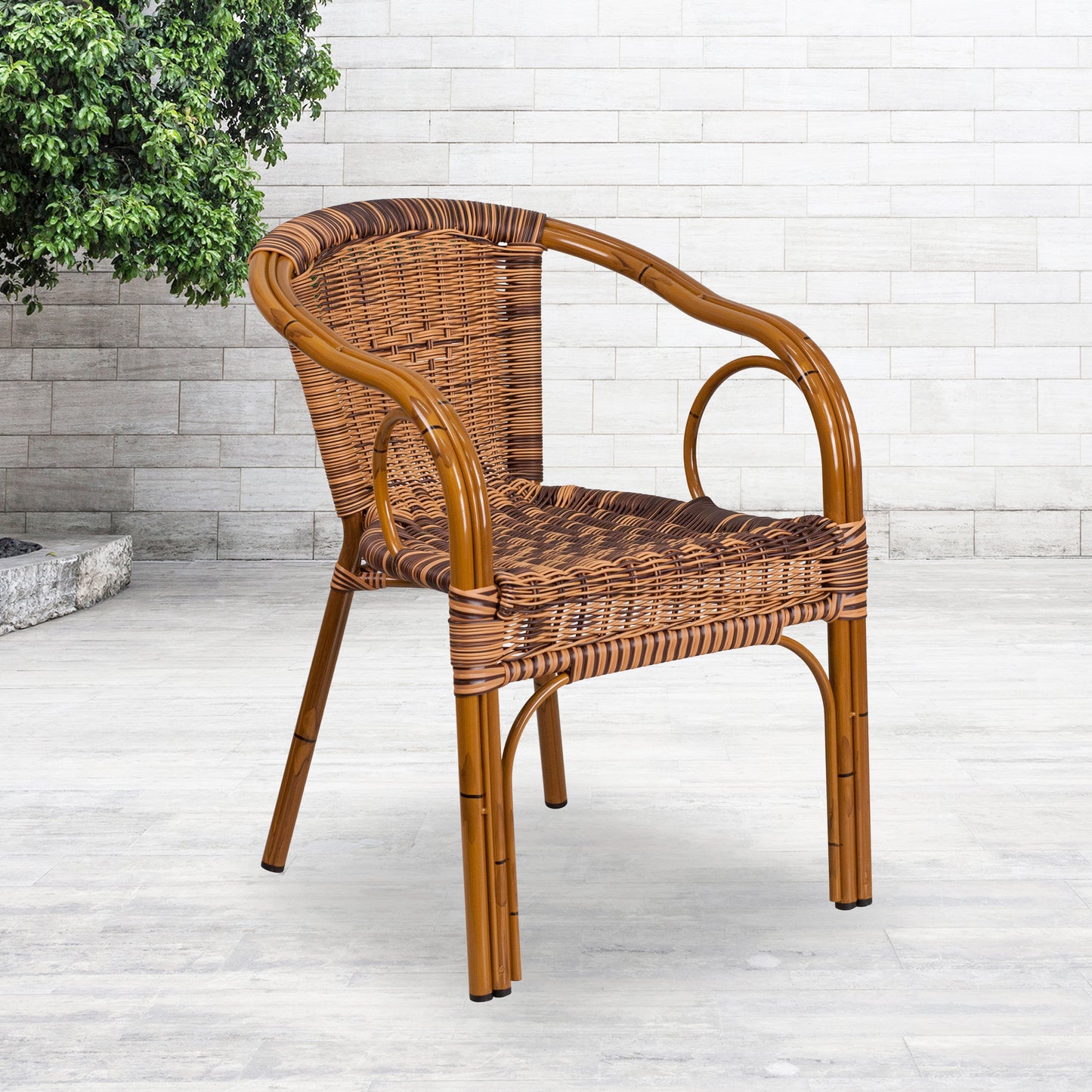 Cadiz Series Burning Brown Rattan Restaurant Patio Chair with Dark Red Bamboo-Aluminum Frame Burning Brown Rattan/Dark Red Bamboo-Aluminum Frame