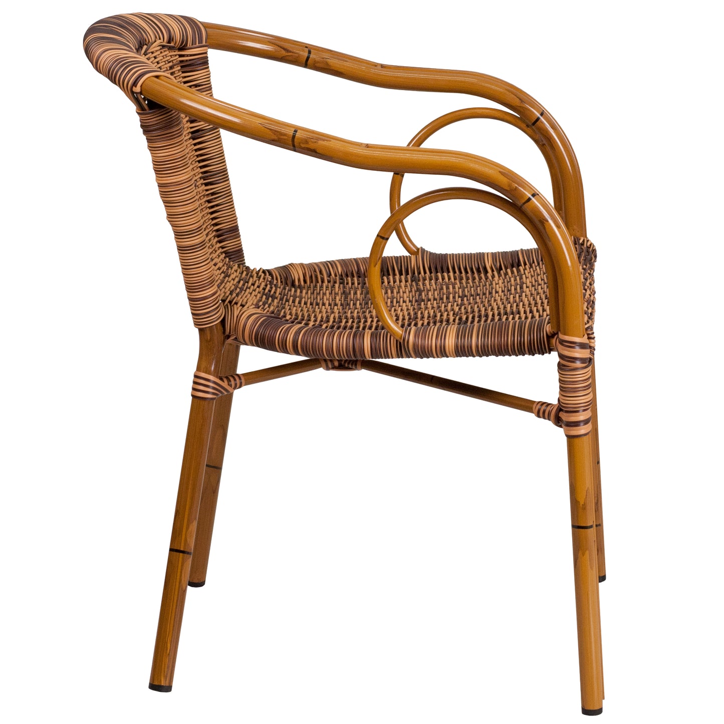 Cadiz Series Burning Brown Rattan Restaurant Patio Chair with Dark Red Bamboo-Aluminum Frame Burning Brown Rattan/Dark Red Bamboo-Aluminum Frame