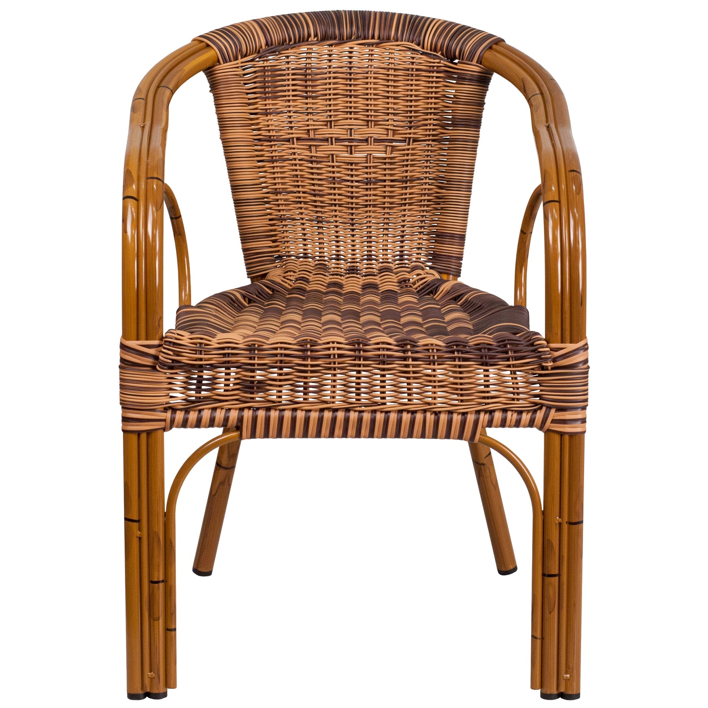 Cadiz Series Burning Brown Rattan Restaurant Patio Chair with Dark Red Bamboo-Aluminum Frame Burning Brown Rattan/Dark Red Bamboo-Aluminum Frame