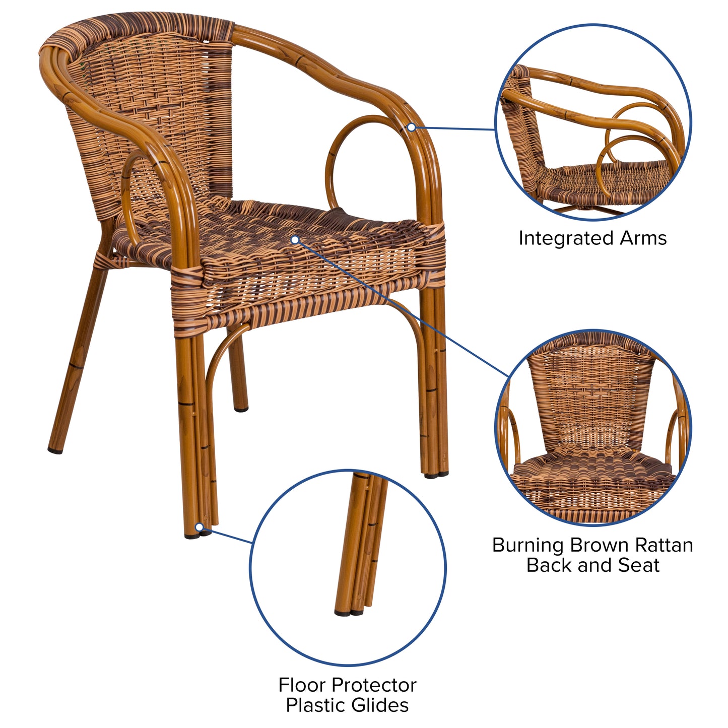 Cadiz Series Burning Brown Rattan Restaurant Patio Chair with Dark Red Bamboo-Aluminum Frame Burning Brown Rattan/Dark Red Bamboo-Aluminum Frame