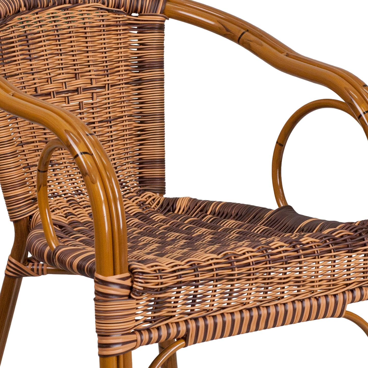 Cadiz Series Burning Brown Rattan Restaurant Patio Chair with Dark Red Bamboo-Aluminum Frame Burning Brown Rattan/Dark Red Bamboo-Aluminum Frame