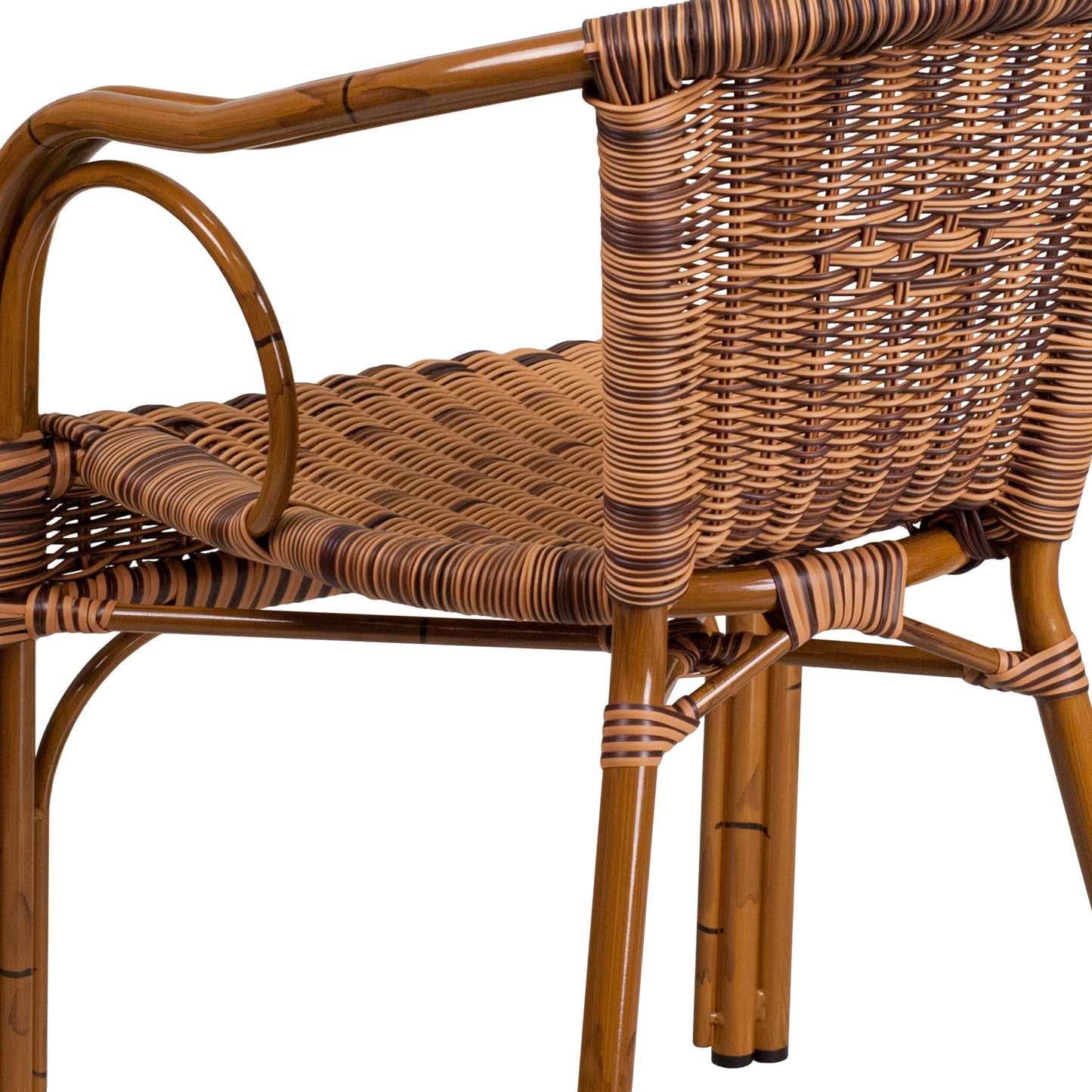 Cadiz Series Burning Brown Rattan Restaurant Patio Chair with Dark Red Bamboo-Aluminum Frame Burning Brown Rattan/Dark Red Bamboo-Aluminum Frame