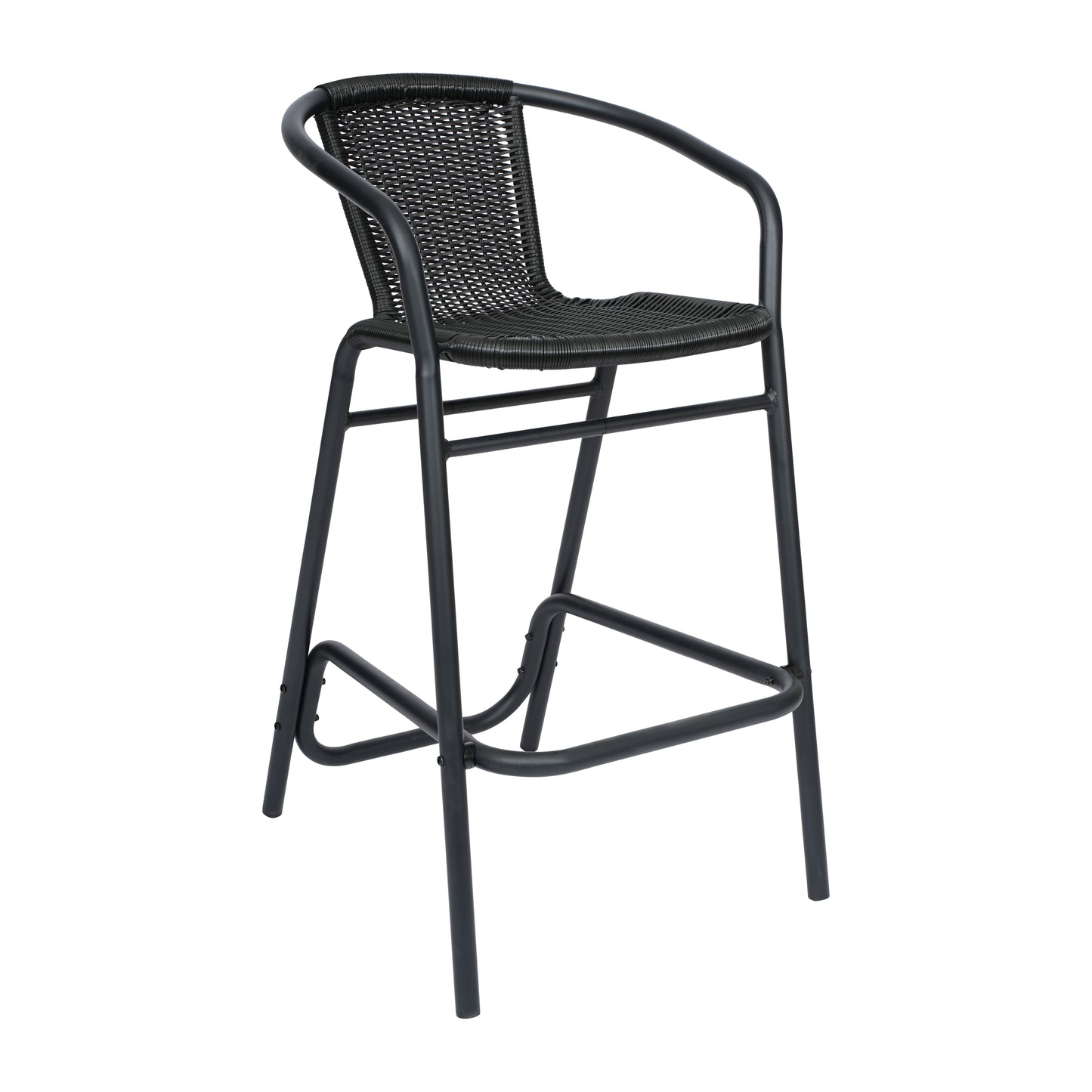 Lila Commercial Grade Indoor-Outdoor PE Rattan Restaurant Barstool with Black Aluminum Frame and Footrest in Black Black