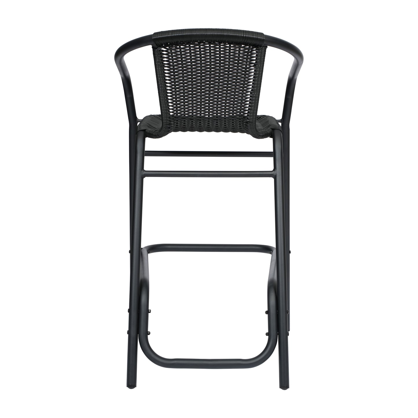 Lila Commercial Grade Indoor-Outdoor PE Rattan Restaurant Barstool with Black Aluminum Frame and Footrest in Black Black