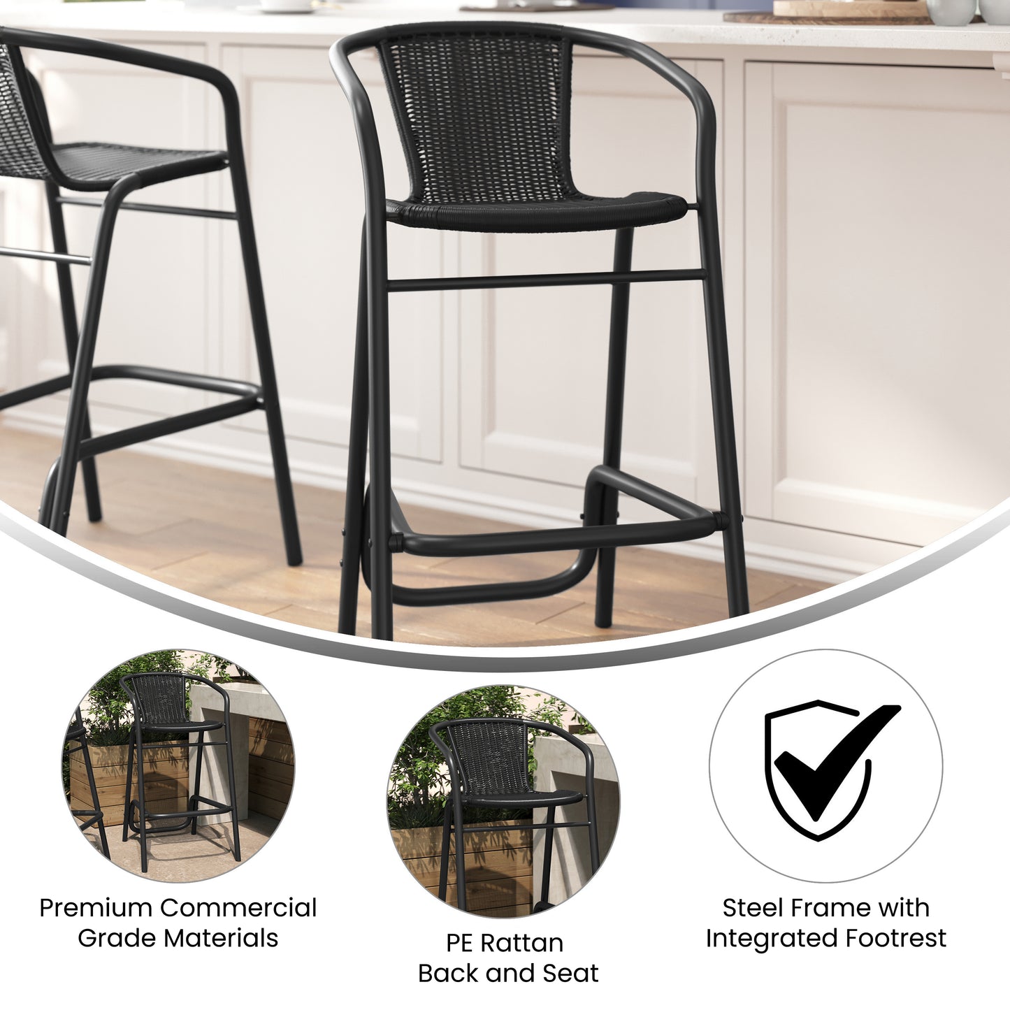 Lila Commercial Grade Indoor-Outdoor PE Rattan Restaurant Barstool with Black Aluminum Frame and Footrest in Black Black