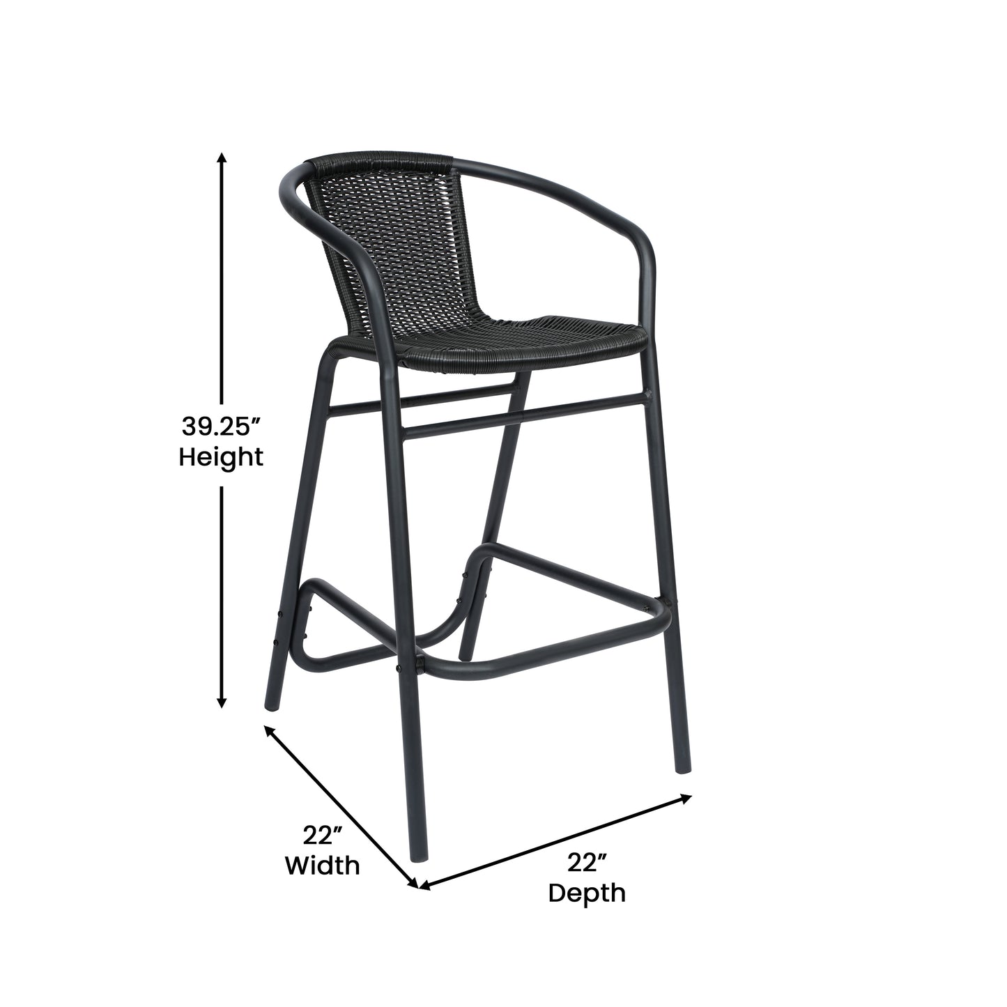 Lila Commercial Grade Indoor-Outdoor PE Rattan Restaurant Barstool with Black Aluminum Frame and Footrest in Black Black