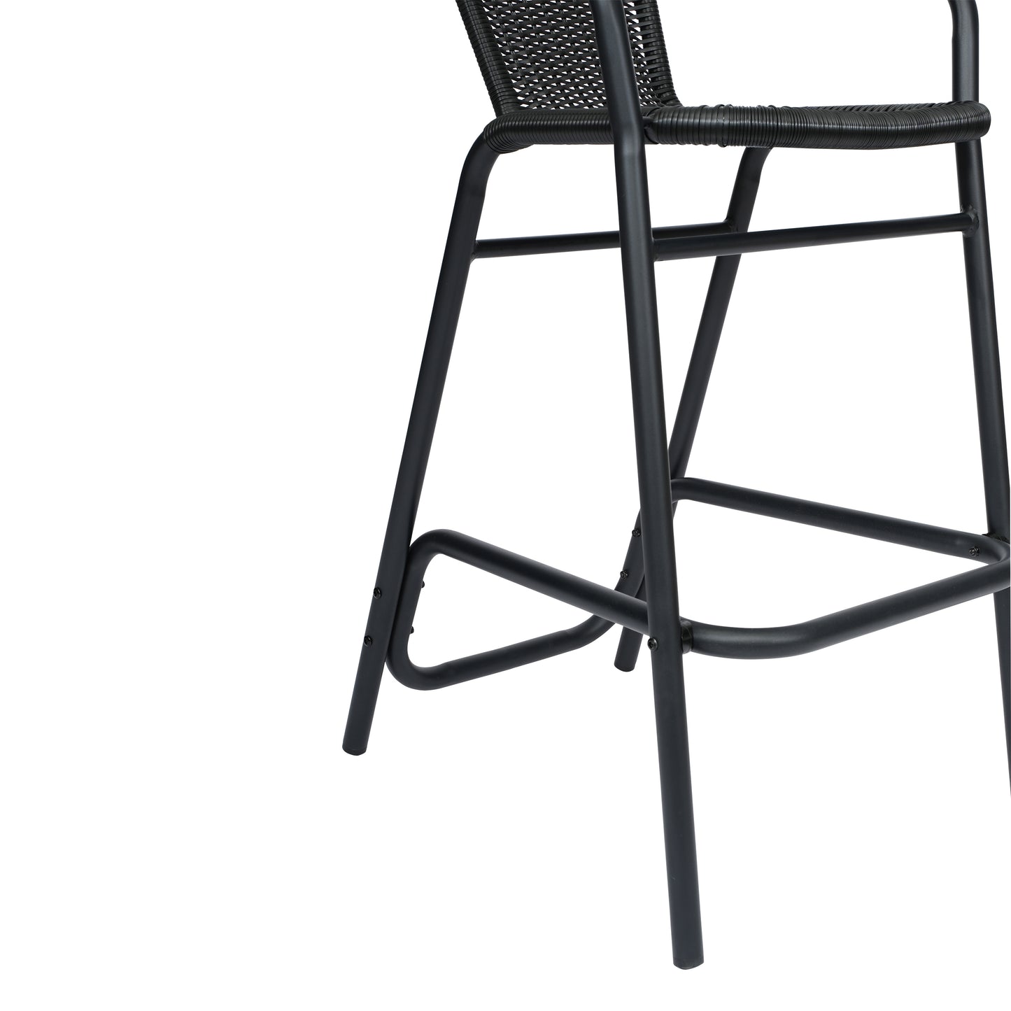 Lila Commercial Grade Indoor-Outdoor PE Rattan Restaurant Barstool with Black Aluminum Frame and Footrest in Black Black
