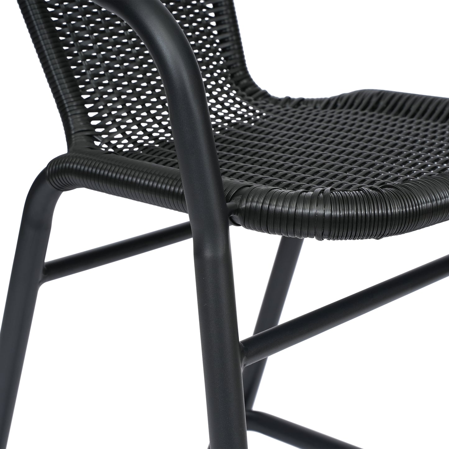 Lila Commercial Grade Indoor-Outdoor PE Rattan Restaurant Barstool with Black Aluminum Frame and Footrest in Black Black