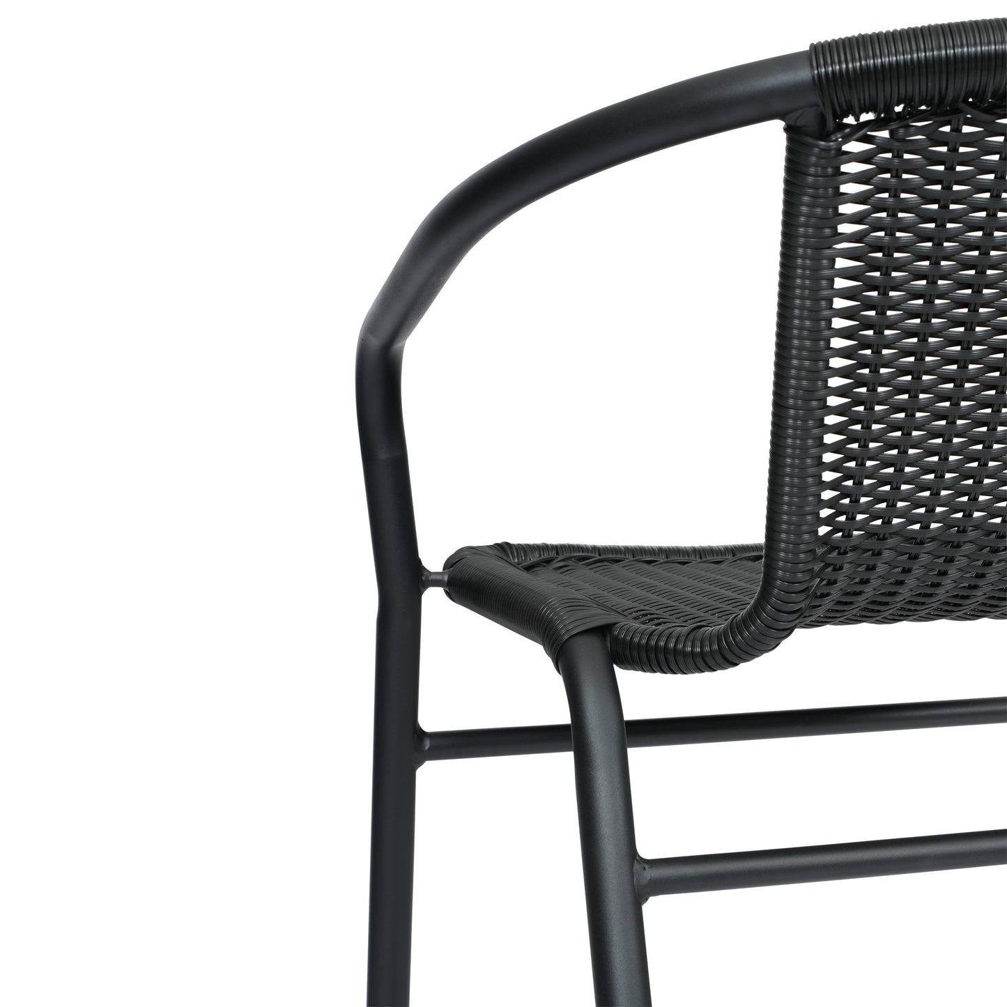 Lila Commercial Grade Indoor-Outdoor PE Rattan Restaurant Barstool with Black Aluminum Frame and Footrest in Black Black