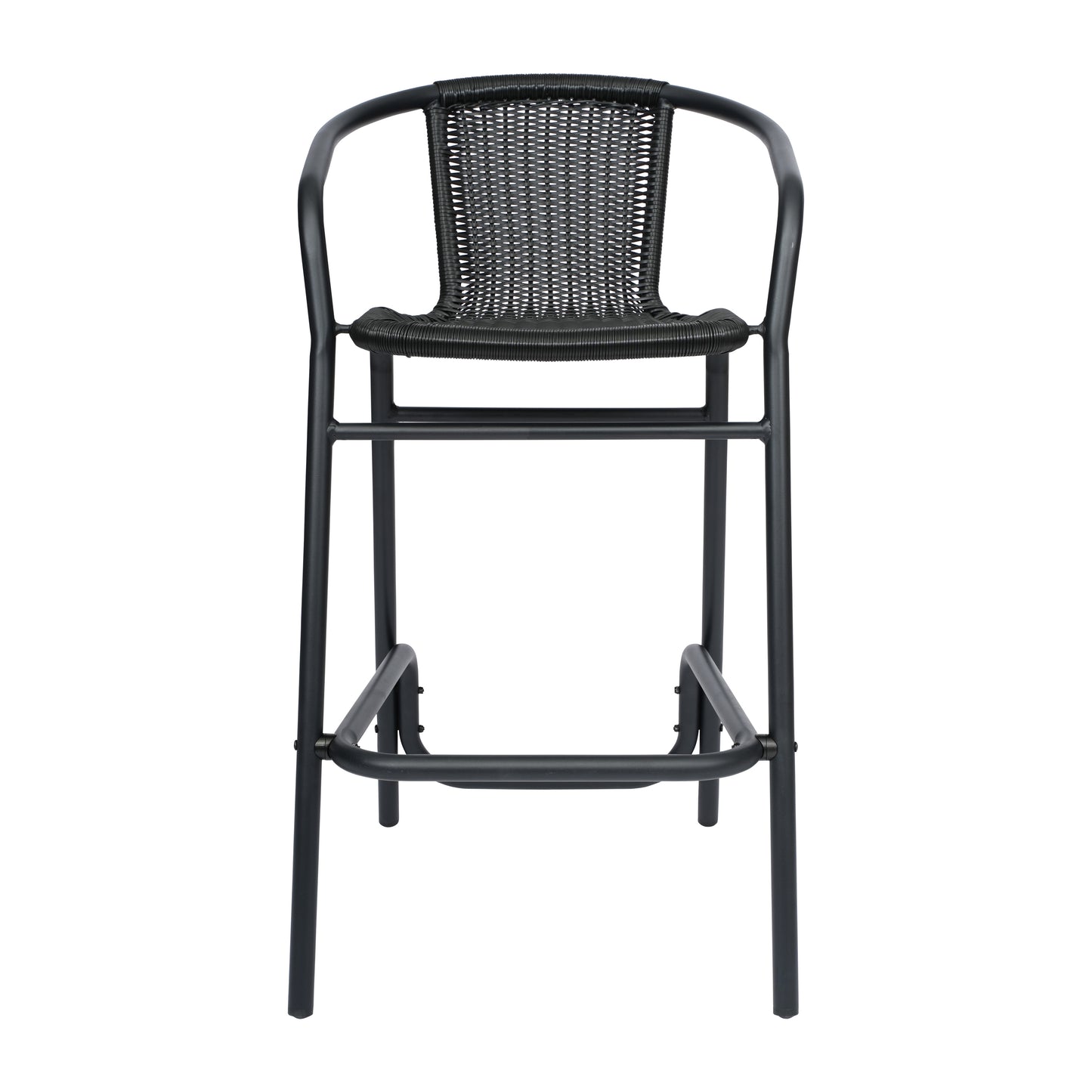 Lila Commercial Grade Indoor-Outdoor PE Rattan Restaurant Barstool with Black Aluminum Frame and Footrest in Black Black